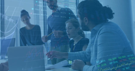 Image of financial data processing over diverse colleagues discussing work in office. Business,...