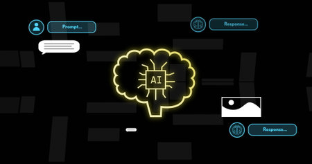 Image of ai text, brain and digital data processing over black background. Global artificial intelligence, connections, computing and data processing concept digitally generated image.の写真素材
