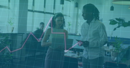 Image of financial data processing over diverse colleagues discussing work in office. Business,...