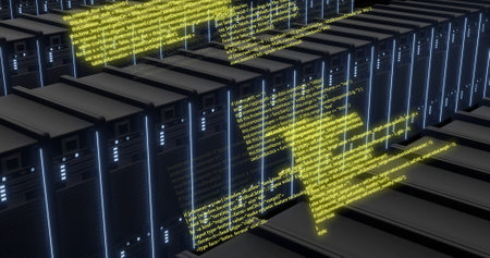 Image of digital data processing over computer servers. Global connections, computing and data processing concept digitally generated image.の写真素材