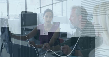 Image of financial data processing over diverse business people in office. Global finance, business,...