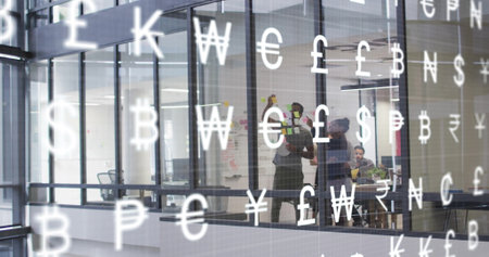 Image of currency symbols over diverse business people discussing work in office. Business, technology and digital interface concept digitally generated image.の写真素材