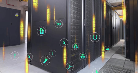 Image of ecology icons and data processing over server room. Global technology, ecology and digital...