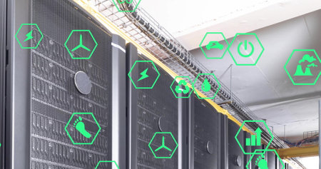 Image of ecology icons over server room. Global technology, ecology and digital interface concept...