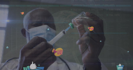 Image of social media texts with icons and data processing over african american doctor. Global...