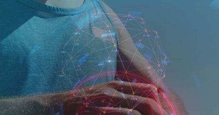 Image of network of connections over cup of coffee. Global business finances connections and digital...
