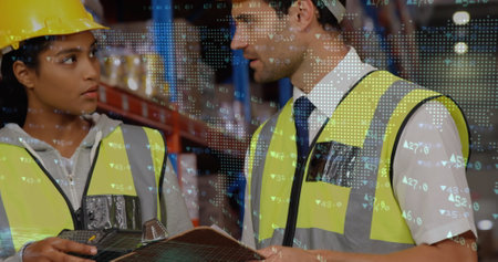 Stock market data processing over caucasian male and female supervisors discussing at warehouse....