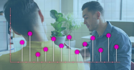 Image of data processing over diverse business people having meeting at office. Global business, finances and digital interface concept, digitally generated image.の写真素材