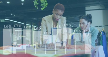 Image of data processing over diverse business people having meeting at office. Global business, finances and digital interface concept, digitally generated image.の写真素材