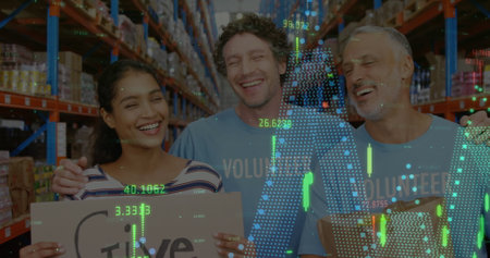 Image of financial graphs over happy diverse female and male warehouse workers. business, finance and delivery services concept digitally generated image.の写真素材