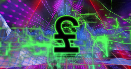 Image of pound sign over connections and neon background. Global business, digital interface, communication, computing and data processing concept digitally generated image.の写真素材