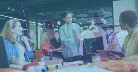 Image of data processing over diverse business people having meeting at office. Global business, finances and digital interface concept, digitally generated image.の写真素材