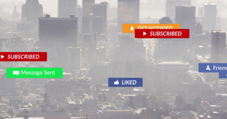 Image of social media icons and text over cityscape. Global social media, business, finance,...