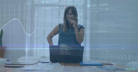 Image of financial data processing over businesswoman using computer. Global business, finance,...
