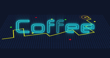Image of neon blue coffee text banner over gps navigation map against black background. Information signage for business or service conceptの写真素材