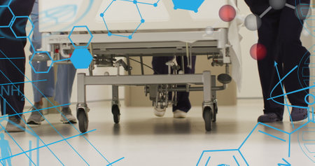 Image of chemical formula over diverse doctors at hospital. Global medicine, healthcare and digital interface concept digitally generated image.の写真素材