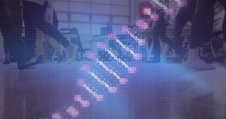Image of dna strand over business people walking. Global business and digital interface concept digitally generated image.の写真素材