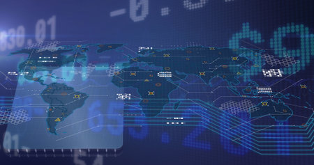 Image of financial data processing over dark background. Global business and data processing concept...