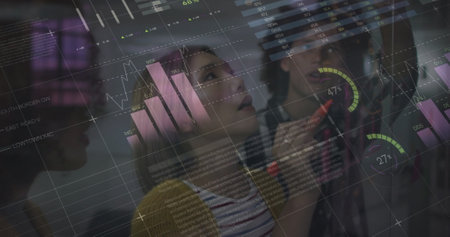 Image of financial data processing over diverse business people in office. Global finance, business, connections, computing and data processing concept digitally generated image.の写真素材