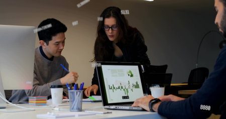 Image of data processing over diverse collleagues working in office. Global business, office,...
