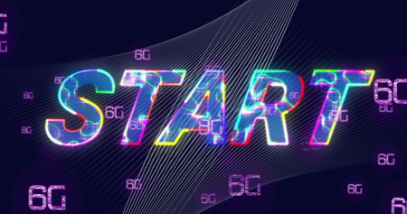 Image of start text over 6g text and data processing on dark background. Global image game, digital interface, communication, computing and data processing concept digitally generated image.の写真素材