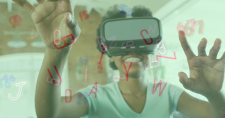 Image of letters and numbers falling over african american woman wearing vr headset. Global...