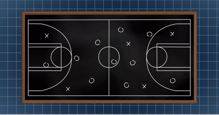 Image of game plan on black board over blue background. Global sport, healthcare and digital interface concept digitally generated image.の写真素材