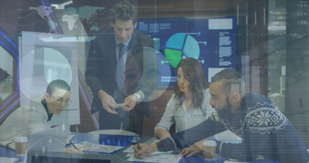 Image of financial data processing over business people in office. Global business, finance,...