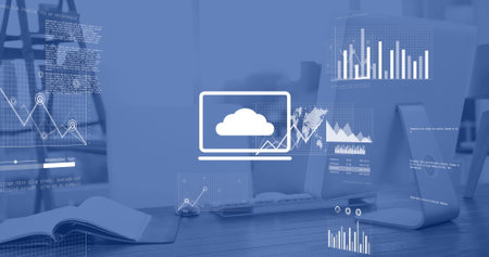 Image of financial data processing and icons over desk in office. Global business, finances and...