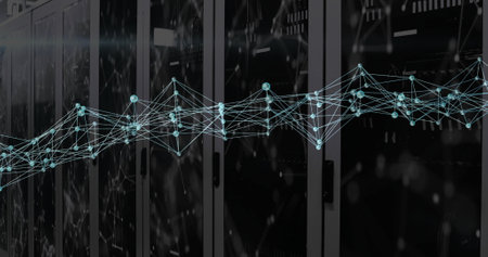 Image of networks and digital data processing over computer servers. Global connections, computing and data processing concept digitally generated image.の写真素材