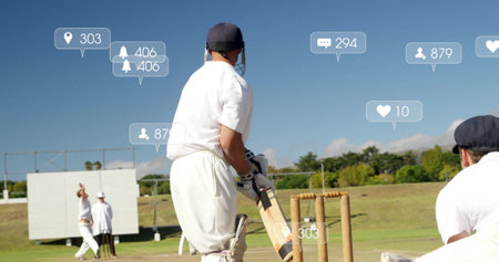 Image of icons and data processing over diverse male cricket players. Global sports, social media,...