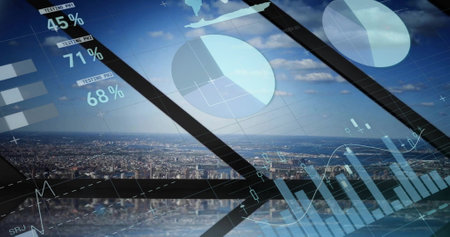 Image of charts processing data over blue sky and cityscape. Data, digital interface, connection,...