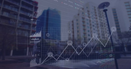 Image of financial data processing over cityscape. Global finance, business, connections, computing...