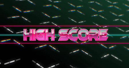 Image of high score text over moving shapes on black background. Technology, communication, metaverse and digital interface concept digitally generated image.の写真素材