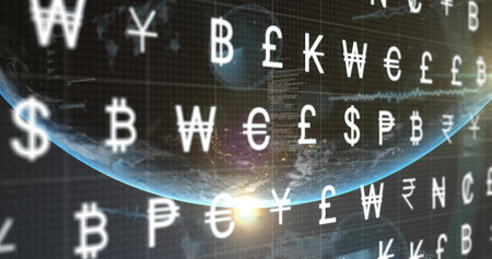 Image of world currency symbols moving over globe and sun in space. Finance, digital interface,...