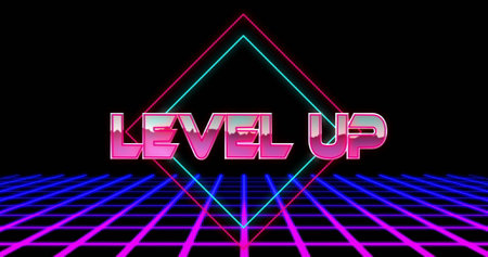 Image of level up text over neon lines on black background. Technology, communication, metaverse and...
