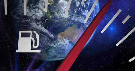 Image of petrol tank icon and fuel tank gauge filling over globe on dark background. Fuel, ecology and global resources, digitally generated image.の写真素材