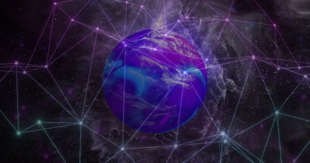 Image of network of connections over globe. Global connections, computing and data processing concept digitally generated image.の写真素材