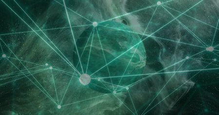 Image of network of connections over globe. Global connections, computing and data processing concept digitally generated image.の写真素材