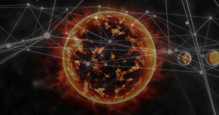 Image of network of connections over globe. Global connections, computing and data processing concept digitally generated image.の写真素材