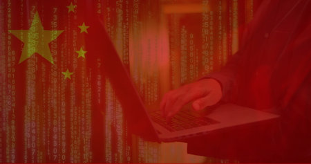 Image of business person using laptop and data processing over flag of china. Chinese, connection,...