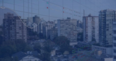 Image of financial data processing over cityscape. Global finance, business, connections, computing and data processing concept digitally generated image.の写真素材