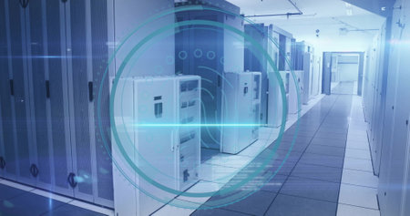 Image of cyber security text and digital data processing over computer servers. Global cyber...