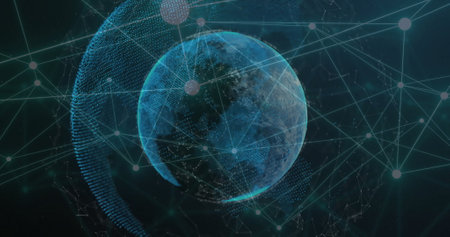 Image of network of connections over globe. Global connections, computing and data processing concept digitally generated image.の写真素材