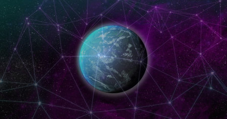 Image of network of connections over globe. Global connections, computing and data processing...
