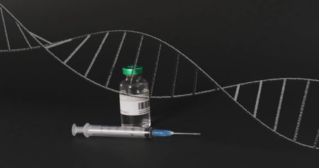 Image of dna strand and data processing over vaccination. Global science, medicine, connections,...