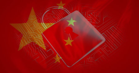 Image of padlock icon and motherboard network over flag of china. Chinese, business, data, security, connection and communication, digitally generated image.の写真素材