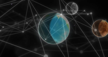 Image of network of connections over globe. Global connections, computing and data processing concept digitally generated image.の写真素材