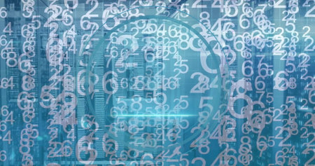 Image of tablet icon and digital data processing over computer servers. Global cyber security, connections, computing and data processing concept digitally generated image.の写真素材