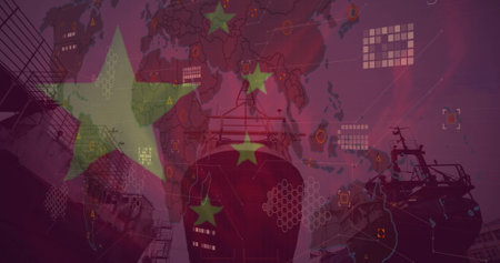 Image of ships and data processing over flag of china. Chinese, business, shipping, industry, transport and communication, digitally generated image.の写真素材